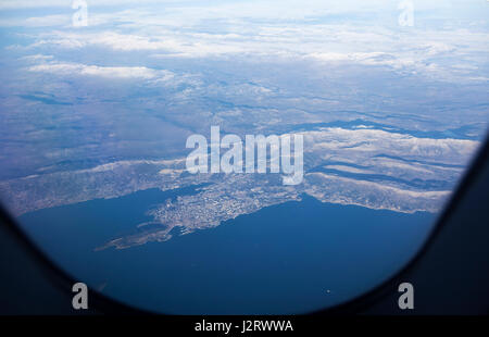 Aerial view of the city of Split, in Croatia, as seen through the window of an airplane, while flying above Croatia and the Adriatic Sea. Stock Photo