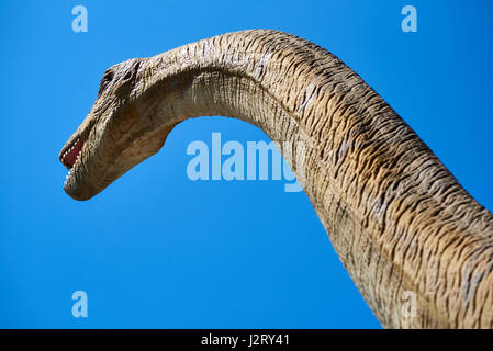 Algar, Spain - April 8, 2017: Realistic model of a Diplodocus dinosaur against blue sky background. DinoPark Algar is a unique entertainment and educa Stock Photo