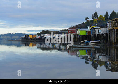 Skyline of Castro city with its famous stilt houses (palafitos) on Chiloe island in the lake district of Chile. Stock Photo