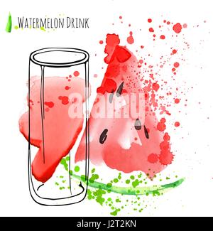 Watermelon drink with slice of watermelon. Fresh juice in glass with watermelon peace. Watercolor hand draw art work. Stock Vector
