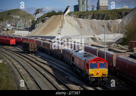 Class 66 freight trains at Cemex Quarry in Dove Holes High Peak district of Derbyshire nr Buxton. Stock Photo