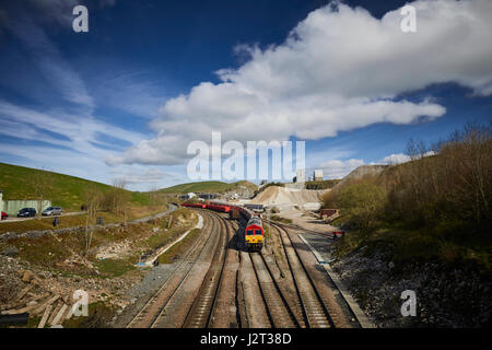 Class 66 freight trains at Cemex Quarry in Dove Holes  High Peak district of Derbyshire nr Buxton. Stock Photo