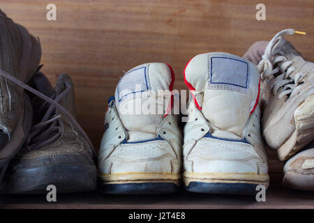 front view from the pairs of old boots Stock Photo