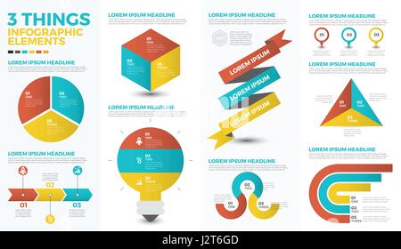 Three things infographic elements with illustrations and icons for data report  and information presentation Stock Vector