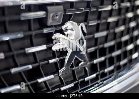 BELGRADE, SERBIA - MARCH 28, 2017: Detail of the Peugeot car at Belgrade, Serbia. Peugeot as car manufacturer was founded at 1882. Stock Photo