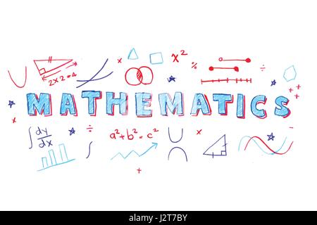 Illustration of MATHEMATICS word in STEM - science, technology, engineering, mathematics education concept typography design in kid hand drawn style Stock Vector