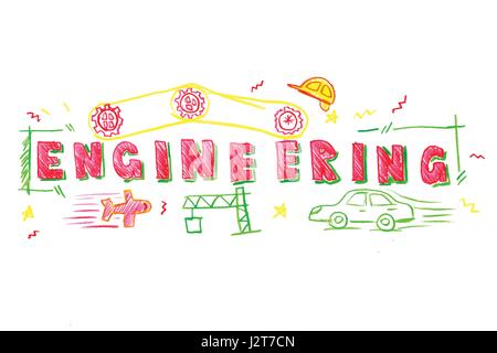 Illustration of ENGINEERING word in STEM - science, technology, engineering, mathematics education concept typography design in kid hand drawn style Stock Vector