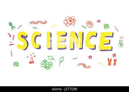 Illustration of SCIENCE word in STEM - science, technology, engineering, mathematics education concept typography design in kid hand drawn style Stock Vector