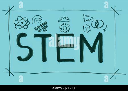 Illustration of STEM - science, technology, engineering, mathematics education word typography design in kid hand drawn style.concept for ui, ux, web, Stock Vector