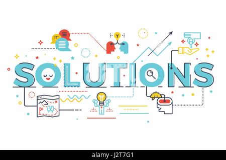 Solutions word lettering illustration. Design in modern style with related icons ornament concept for ui, ux, web, app banner design Stock Vector