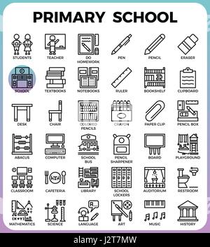 Primary school concept detailed line icons set in modern line icon style concept for ui, ux, web, app design Stock Vector