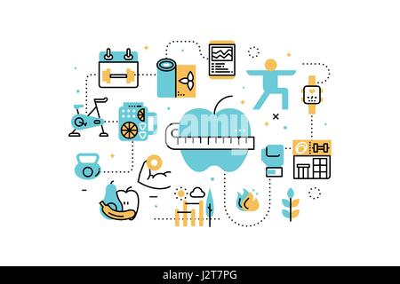 Workout exercise and diet line icons illustration. Design in modern style with related icons ornament concept for website, app, web banner. Stock Vector