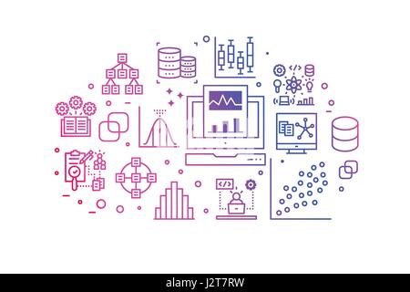Data analysis gradient line icons illustration. Design in modern style with related icons ornament concept website, app, web banner. Stock Vector