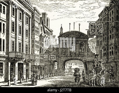 Temple Bar Gateway, London and the Devil Tavern pictured in the 18th century. Victorian engraving circa 1880. Stock Photo