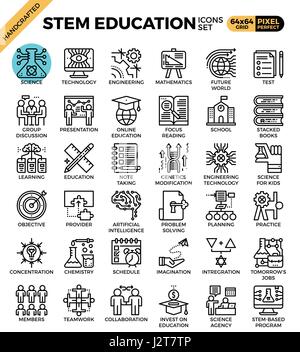 STEM (science,technology,engineering,math) education concept detailed line icons set in modern line icon style concept for ui, ux, web, app design Stock Vector