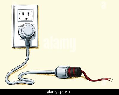 Cartoon power cord plugged into an extension and a wall socket. Stock Vector