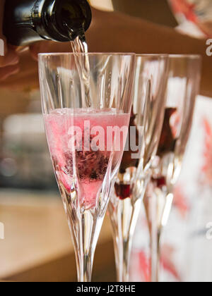 Vertical close up view of champagne flutes being filled up with alcohol. Stock Photo