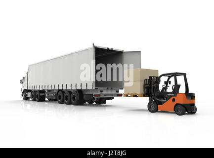 3d render of forklift loading a truck Stock Photo