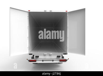 Back white truck with open empty trailer Stock Photo