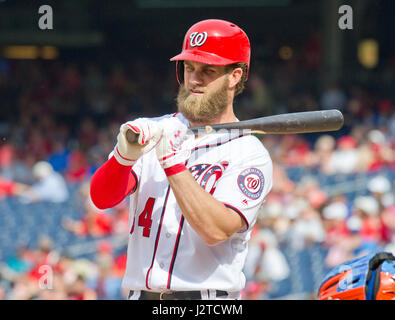 Washington DC, USA. 30th Apr, 2017. Washington Nationals right fielder Bryce Harper (34) bats in the sixth inning against the New York Mets at Nationals Park in Washington, DC on Sunday, April 30, 2017. The Nationals won the game 23 - 5. Credit: Ron Sachs/CNP /MediaPunch Credit: MediaPunch Inc/Alamy Live News Stock Photo