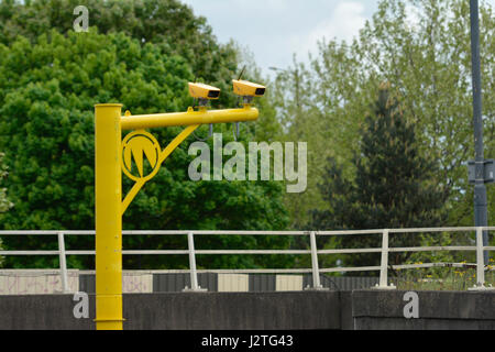 Bristol, UK. 01st May, 2017. M32 Bristol motorway. Newly installed bright yellow average speed cameras have caught 6000 motorists in just 15 days after being switched on. Installed by Highways England along with CCTV s to help with breakdowns and incidents. Temporary Protect workforce working on the 200 million pound Metro Bus Project. Limit set of 40mph. Motorists caught between April 12th and April 27th. SINCE last date of April 27th  more motorists are sill Being Caught a month on for SPEEDING..Credit: Robert Timoney/Alamy Live News Stock Photo
