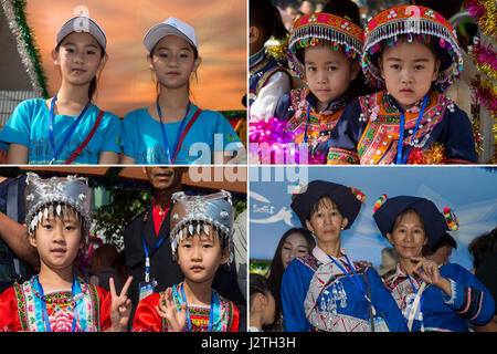 (170501) -- MOJIANG, May 1, 2017 (Xinhua) -- The combined photo shows four pairs of twins attending an annual festival of their own in Mojiang, southwest China's Yunnan Province, May 1, 2017. Twins and multiple births from home and abroad gathered here to celebrate the three-day festival. Mojiang County is known in China as 'the land of twins' because the county has more than 1,000 pairs of twins. (Xinhua/Hu Chao)(mcg) Stock Photo
