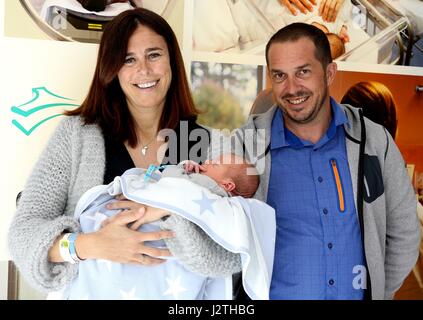 Spanish climber Edurne Pasaban and her boyfriend Carlos Correia with their son Max leave at the hospital in Gipuzkoa  01/05/2017