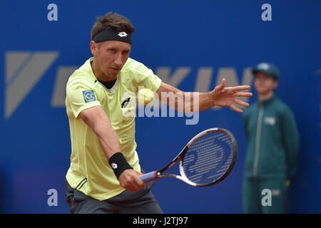 Munich, Germany. 01st May, 2017. Ukraine's Sergiy Stakhovsky plays against German tennis player Tommy Haas in the men's singles first round match at the ATP tour in Munich, Germany, 01 May 2017. Photo: Angelika Warmuth//dpa/Alamy Live News Stock Photo