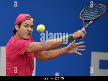 Munich, Germany. 01st May, 2017. German tennis player Tommy Haas plays against Ukraine's Sergiy Stakhovsky in the men's singles first round match at the ATP tour in Munich, Germany, 01 May 2017. Photo: Angelika Warmuth//dpa/Alamy Live News Stock Photo