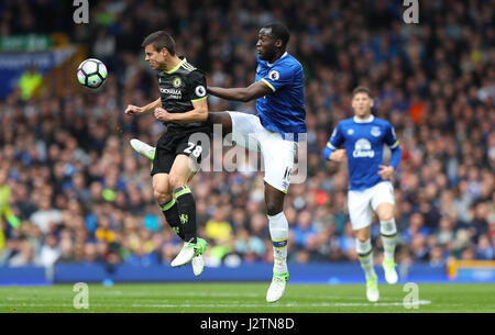 April 30, 2017 - Liverpool, United Kingdom - Romelu Lukaku of Everton and Cesar Azpilicueta of Chelsea during the English Premier League match at Goodison Park , Liverpool. Picture date: April 27th, 2016. Photo credit should read: Lynne Cameron/Sportimage/CSM Stock Photo
