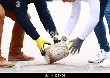 Stilton, Cambridgeshire, UK. 01st May, 2017. The 'cheese' being rolled. The May Bank holiday cheese rolling in Stilton, Cambridgeshire. The cheese-rolling competition is a May Day Bank Holiday Monday tradition and competitors roll wooden blocks down the main street in place of the Stilton cheese which took it's name from the village. Cheese rolling . Stilton, Cambridgeshire, UK . 01.05.2017 Credit: Paul Marriott/Alamy Live News Stock Photo