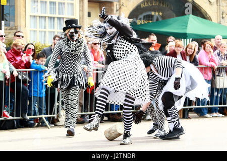 Stilton, Cambridgeshire, UK. 01st May, 2017. The Pig Dyke Molly team in action. The May Bank holiday cheese rolling in Stilton, Cambridgeshire. The cheese-rolling competition is a May Day Bank Holiday Monday tradition and competitors roll wooden blocks down the main street in place of the Stilton cheese which took it's name from the village. Cheese rolling . Stilton, Cambridgeshire, UK . 01.05.2017 Credit: Paul Marriott/Alamy Live News Stock Photo