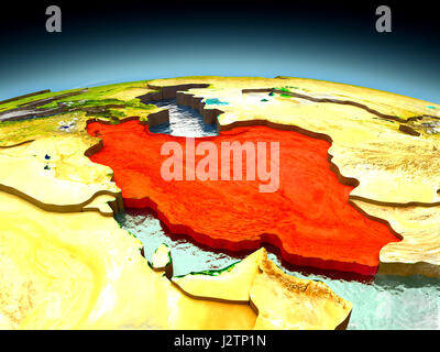 Iran in red on model of planet Earth as seen from orbit. 3D illustration with detailed planet surface. Elements of this image furnished by NASA. Stock Photo