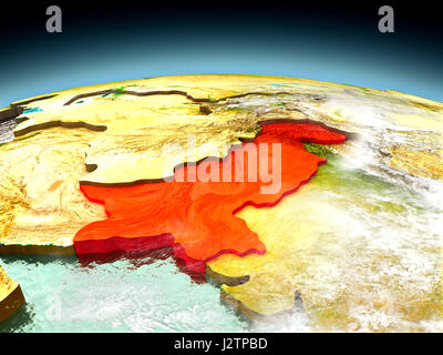 Pakistan in red on model of planet Earth as seen from orbit. 3D illustration with detailed planet surface. Elements of this image furnished by NASA. Stock Photo