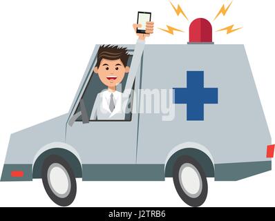 character man drive ambulance and smartphone Stock Vector