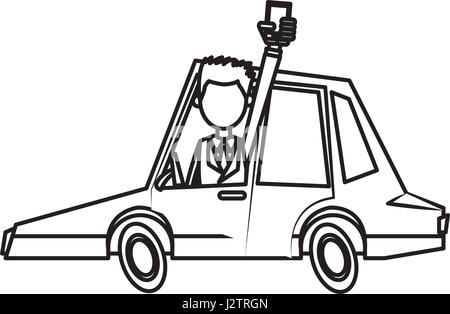 man with smartphone drive car sedan transport line Stock Vector
