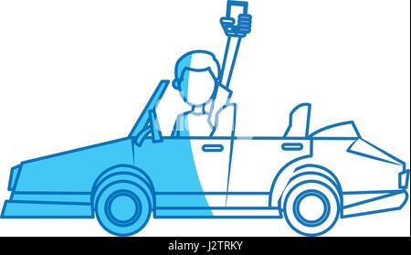 character man holding smartphone in car blue line Stock Vector