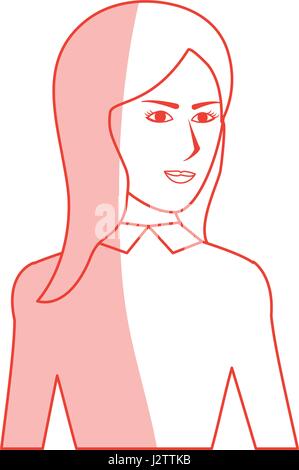 red silhouette shading cartoon half body woman with long hair and jacket Stock Vector