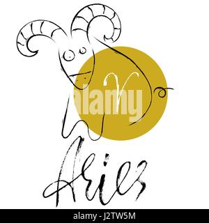 Zodiac sign of Aries. Astrology vector illustration. Sketch isolated on white background. Handwritten lettering design Stock Vector