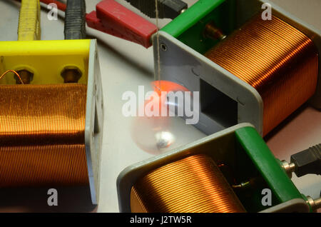Demonstration of how a three-phase asynchronous motor works. The orange metal ring is influenced by the rotating magnetic fields, and rotates clockwis Stock Photo