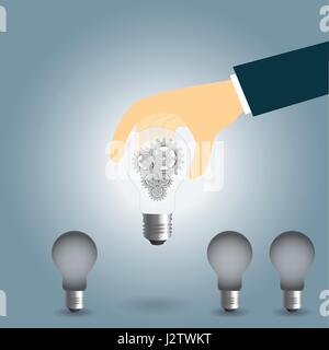Hand keep up idea concept with gear in light bulb. Vector EPS10 Stock Vector