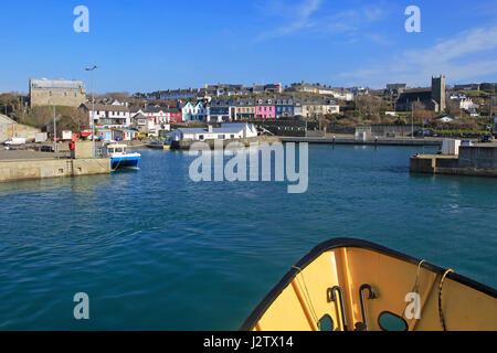 Cape Clear ferry approaching the harbour at Baltimore, County Cork, Ireland, Irish Republic Stock Photo