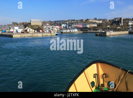 Cape Clear ferry approaching the harbour at Baltimore, County Cork, Ireland, Irish Republic Stock Photo