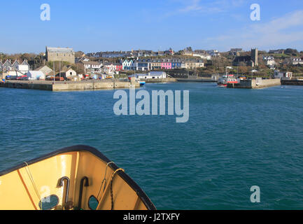 Cape Clear ferry approaching the harbour at Baltimore, County Cork, Ireland, Irish Republic Stock Photo