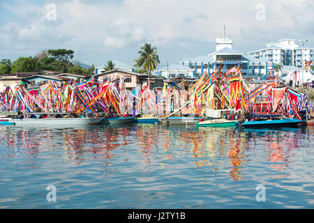 Traditional Bajau's boat called Lepa-Lepa decorated with colorfull Sambulayang flag during Regatta Lepa in Semporna. This and annual event and main at Stock Photo