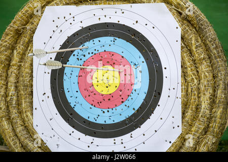 Archery Target With Arrows On a straw background Stock Photo