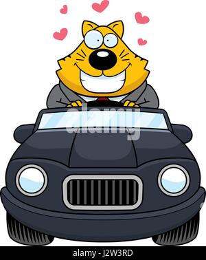 A cartoon illustration of a fat cat in love driving a car. Stock Vector