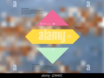 Illustration infographic template with motif of rhombus horizontally divided to three standalone color sections with simple sign, number and sample te Stock Vector