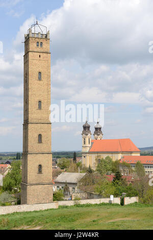 40-meter-high Jakab Fellner lookout tower at Calvary Hill, Tata(Hungary) was originally a shut-tower. Lead is heated until molten, then dropped throug Stock Photo