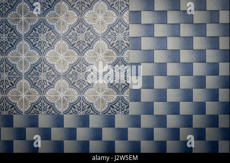 Portuguese ceramic tiles in geometric patterns on the outside of a building Stock Photo